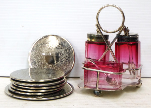 Lot 341 - Small lot - Victorian Glass Cruet set in stand w Ruby Glass to Clear B