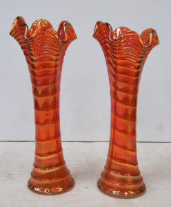 Lot 343 - Pair Marigold carnival glass ribbed fluted vases - 25cms H