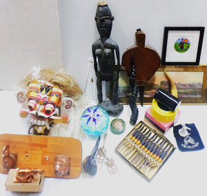 Lot 12 - 2 x Boxes of Assorted Items inc, Oriental Mask, porcelain door plates c