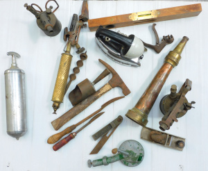Lot 16 - Box vintage Tools inc Brass Blow torch, Copper & Brass fire hose no