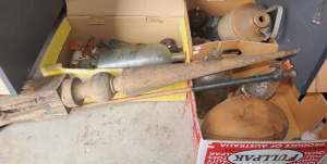 Lot 22 - Group lot 3 x boxes + incl old Door hardware, Hickory shafted Golf Club