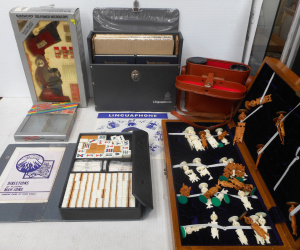 Lot 26 - Mixed group lot incl Carved Bone Chess Set, Mah-Jong, Binoculars, Micro