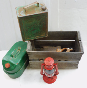 Lot 40 - Group Blokey items inc Wakefield Motor Oil tin, Green Linkers 10 L Gerr