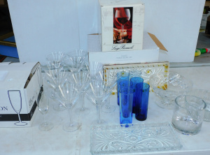 Lot 42 - Box lot Glass ware inc Crystal bowls & serving plates, Blue Tumbler