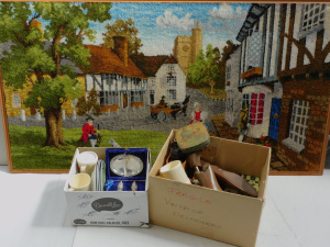 Lot 50 - 2 x Boxes Mixed & Framed Kitsch Woven Tapestry scene inc Pascall Ta
