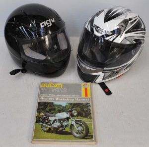 Lot 63 - 2 x Modern Motorcycle Helmets & Ducati V-Twins Motorcycle Owners Wo