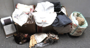Lot 64 - 2 x Boxes of Napery & Materials incl Dollies, Lace, Fabric Samples
