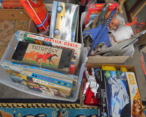 Lot 74 - 4 x Boxes Toys, incl Board Games, Dolls, Star Wars, Plastic Soldiers, P