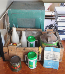 Lot 76 - Lot of Vintage Assorted Items incl Meat Safe, 2 x BP Plastic Mugs, 2lb