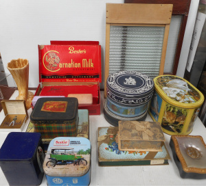 Lot 82 - 2 x Boxes Washboards and Packaging, incl Tins, Plastic, chocolate boxes