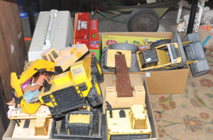 Lot 84 - Group lot - 2 x Boxes old Tonka Toys, Barbie dolls, Games + cased Husqv