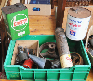 Lot 87 - Box lot of Vintage Garage Items incl Castor Motor Fuel 1 Gallon Tin, As