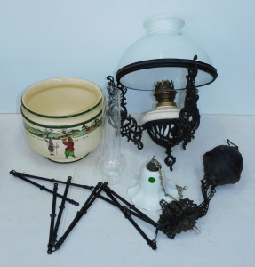 Lot 92 - 2 pces Vintage inc Victorian Milk glass Hanging Banquet lamp with cast