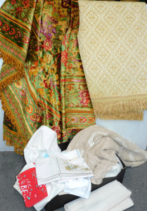 Lot 101 - 2 Boxes vintage Linen & Napery inc Heavy colourful fringed velvet