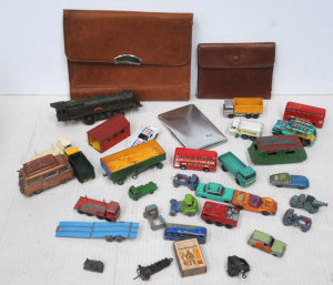 Lot 107 - Box lot - Vintage Diecasts, leather Satchel & Wallet marked Royal
