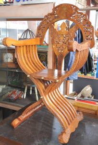 Lot 124 - Vintage Middle Eastern Savonarola Chair - Teak, Ornately Carved &