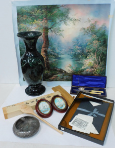 Lot 159 - Mixed Group lot inc Alabaster vase 41cm H, Pair framed oval watercolou