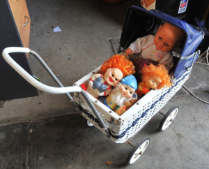 Lot 163 - Group lot - Vintage Dolls Pram & contents incl Squeaky Toys, Dolls