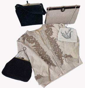 Lot 192 - Group vintage ladies access - beige wool heavily beaded cardigan, 4 x