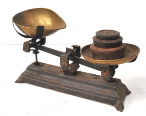 Lot 205 - Vintage set Balance Scales w Original Weights & Brass Pans