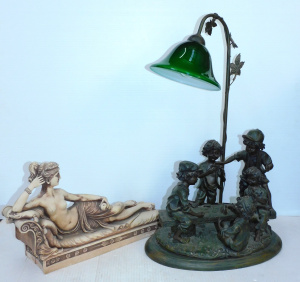 Lot 224 - 2 pces inc Victoria style figural lamp with Green shade 64cm H &