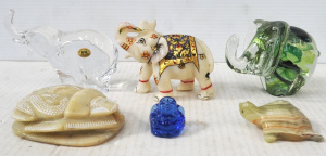 Lot 236 - Group Lot Animal Figures - incl 2 x Glass Elephants, Handpainted Eleph