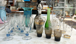 Lot 248 - Group modernist glass - greenblue cylinder vase, Decanters, champagne