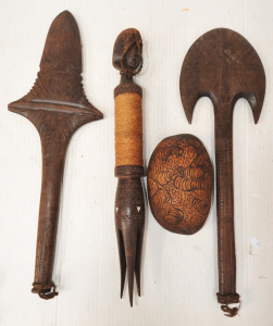 Lot 265 - 4 x Carved Wooden Tribal Items 2 x Carved Tribal Weapons, Bowl & C