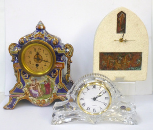 Lot 270 - 3 x Vintage Mantel Clocks inc C 1900 Blue Majolica with Classical ima