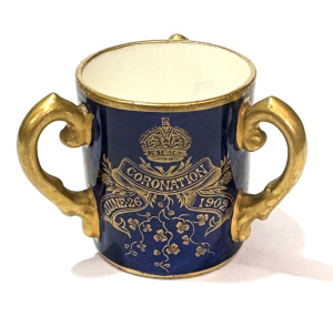 Lot 334 - Coalport 1902 King Edward 11Coronation miniature 3 handled tyg or mug