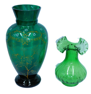 Lot 367 - 2 pces Victorian Glass inc Emerald Green vase with Hand detailed flora