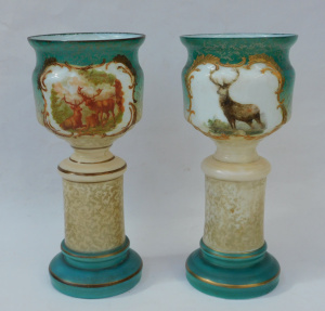 Lot 369 - Pair Victorian Glass Pedestal Vases Transfer printed Stag scenes 26 5