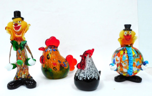 Lot 370 - 4 pces Art Glass inc 2 Murano clowns Black feet & top hats w colo