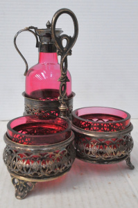Lot 376 - Vintage Ruby Glass Cruet Set w Ornate EPNS Stand, approx 18cm H