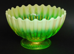 Lot 388 - Victorian Davidson Primrose Pearline Uranium Glass fluted footed Bowl