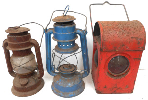 Lot 184 - Group lot metal lamps incl Red Workman's Lamp & 2 x Hurricane Lamp