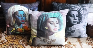Lot 195 - 3 x Modern large sized Cushions w colour & B&W Tretchikoff Gir