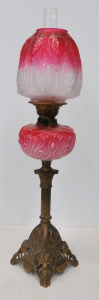 Lot 216 - Vintage Victorian Glass Oil Lamp w Pink & Cream Gradient Glass Bow