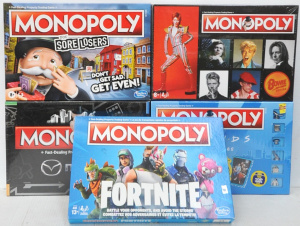 Lot 217 - 6 x novelty Monopoly games incl David Bowie, Fortnite some unopened