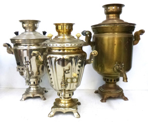Lot 259 - 3 x Vintage Samovars - 2 x Chrome plated Electrical + larger Brass wit