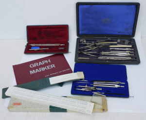 Lot 260 - Group lot vintage Draftsman instruments incl Boxed Drafting tool sets,