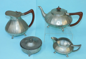 Lot 315 - Vintage Winegartens London antiquity pewter 4 piece tea set - Hammered