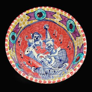Lot 332 - Large Alexadra Copeland hand pottery bowl feat Clown - sgd & dated
