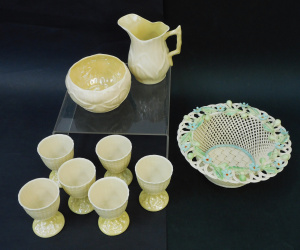 Lot 335 - Group lot vintage Irish Belleek incl Forget me Not Pierced basket 15cm