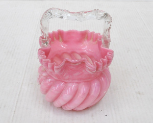 Lot 341 - Victorian Pink & White Mottled Glass Basket vase - Twisted body w