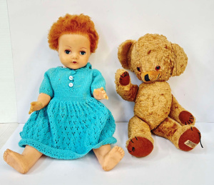 Lot 3 - 1950s Merrythought Cheeky teddy Bear - 40cms L & Pedigree vinyl Doll