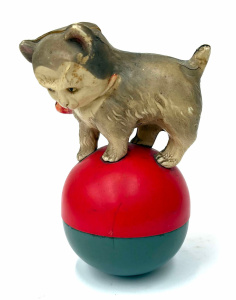 Lot 14 - Vintage toy - plastic ball rattle & with celluloid cat to top (af)