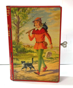 Lot 17 - 1950s Chad Valley Dick Whittington tin book shaped Money Box with key