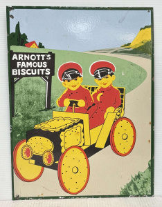 Lot 55 - Vintage Arnotts enamel tin plate Advertising sign feat 2 boys in open w