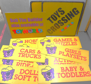 Lot 60 - Group of vintage Toyworld corflute and cardboard (double-sided) POS Sho